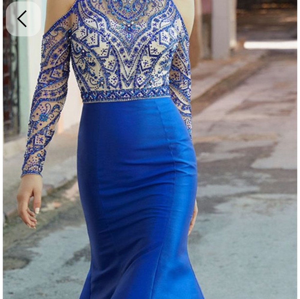 Size 4 royal blue prom/evening gown w/ cold shoulders & long sleeves, beaded top - Picture 16 of 16